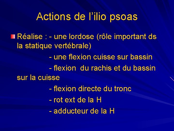 Actions de l’ilio psoas Réalise : - une lordose (rôle important ds la statique