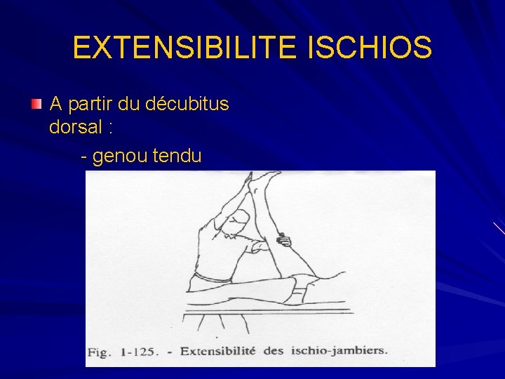 EXTENSIBILITE ISCHIOS A partir du décubitus dorsal : - genou tendu 