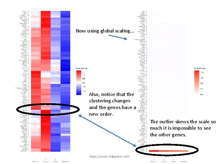 Now using global scaling… Also, notice that the clustering changes and the genes have