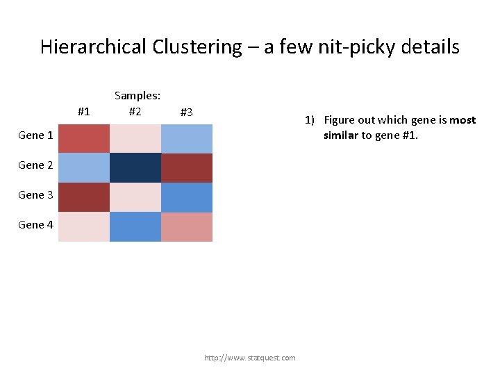 Hierarchical Clustering – a few nit-picky details #1 Samples: #2 #3 1) Figure out