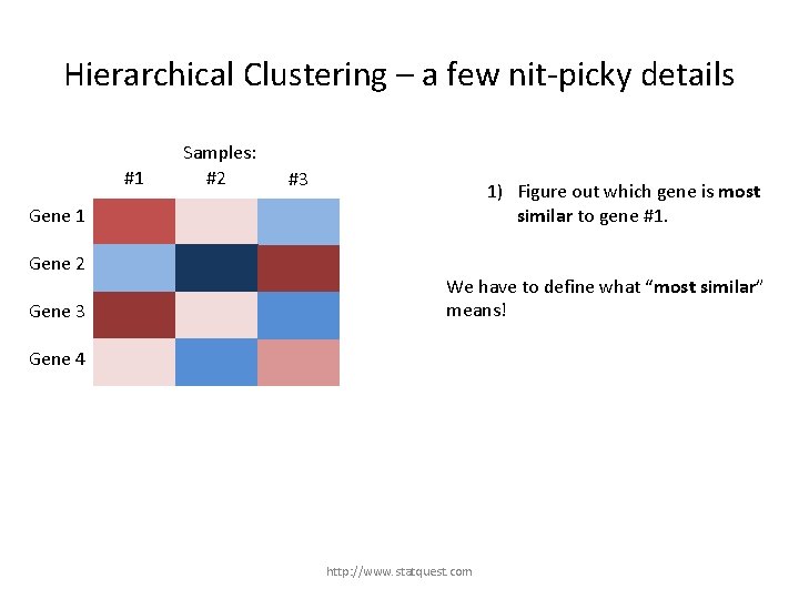 Hierarchical Clustering – a few nit-picky details #1 Samples: #2 #3 1) Figure out