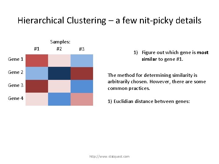 Hierarchical Clustering – a few nit-picky details #1 Samples: #2 #3 1) Figure out