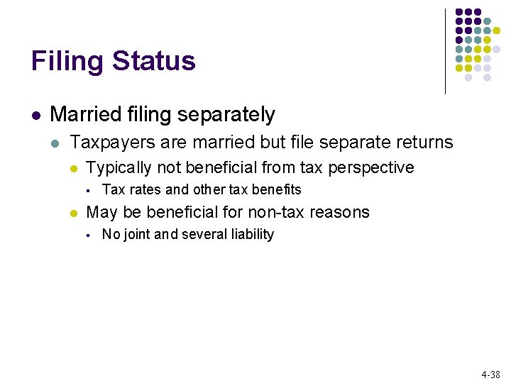 Filing Status l Married filing separately l Taxpayers are married but file separate returns Filing Status l Married filing separately l Taxpayers are married but file separate returns