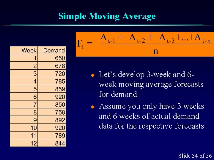 Simple Moving Average l l Let’s develop 3 -week and 6 week moving average