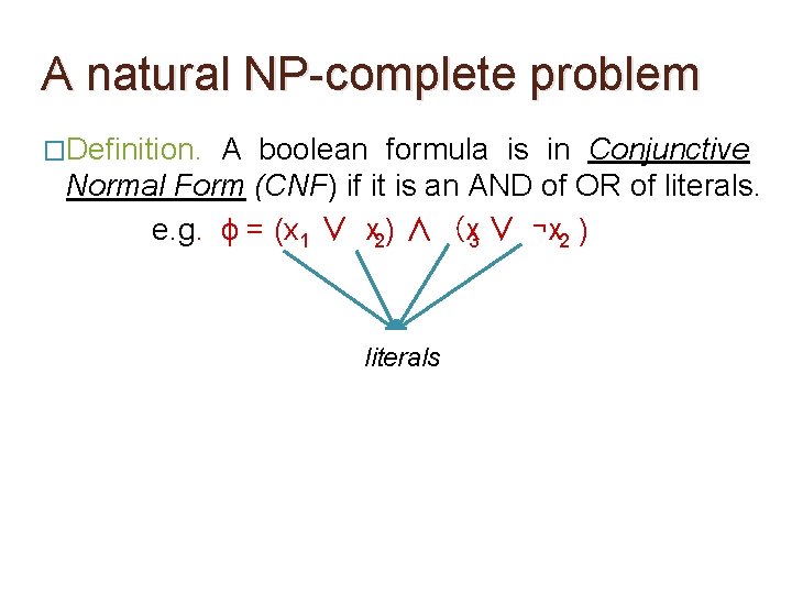 A natural NP-complete problem �Definition. A boolean formula is in Conjunctive Normal Form (CNF)