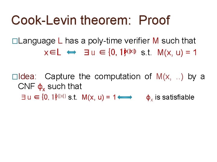 Cook-Levin theorem: Proof �Language L has a poly-time verifier M such that x∈L ∃u