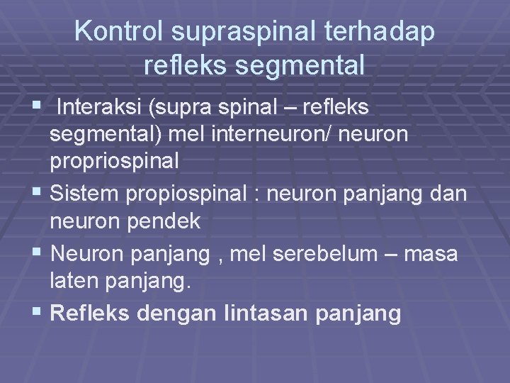 Kontrol supraspinal terhadap refleks segmental § Interaksi (supra spinal – refleks segmental) mel interneuron/