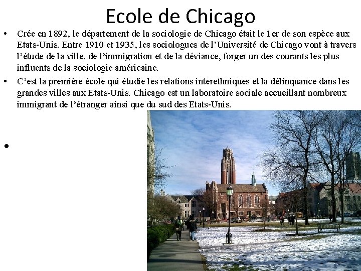  • • Ecole de Chicago Crée en 1892, le département de la sociologie