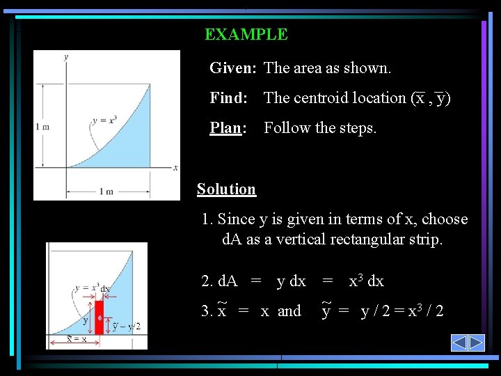 EXAMPLE Given: The area as shown. Find: The centroid location (x , y) Plan: