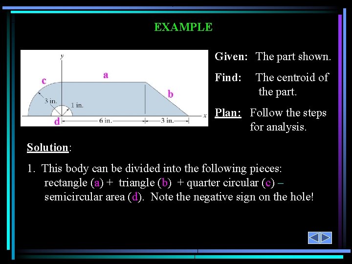 EXAMPLE Given: The part shown. Find: The centroid of the part. Plan: Follow the