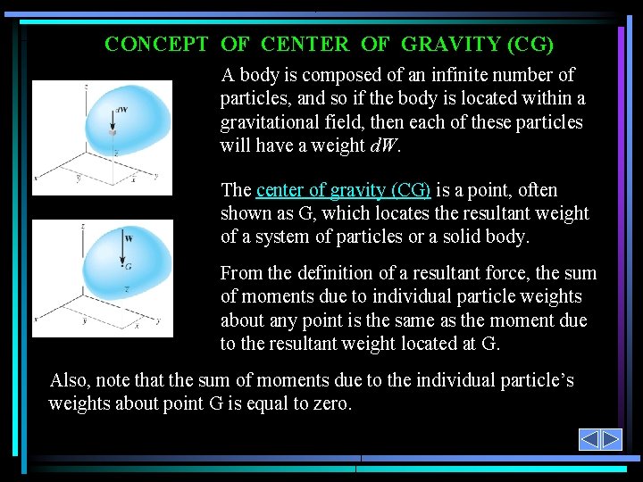 CONCEPT OF CENTER OF GRAVITY (CG) A body is composed of an infinite number