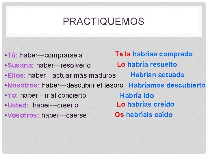 PRACTIQUEMOS Te la habrías comprado • Tú: haber---comprarsela Lo habría resuelto • Susana: haber---resolverlo
