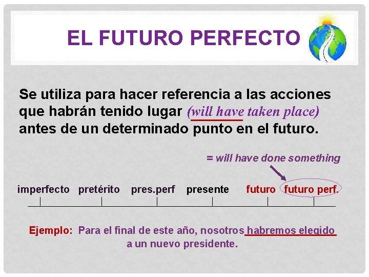 EL FUTURO PERFECTO Se utiliza para hacer referencia a las acciones que habrán tenido