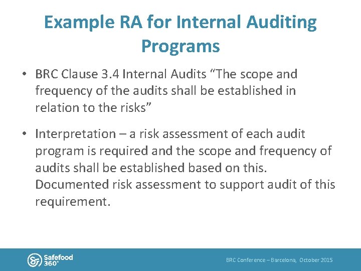 Example RA for Internal Auditing Programs • BRC Clause 3. 4 Internal Audits “The