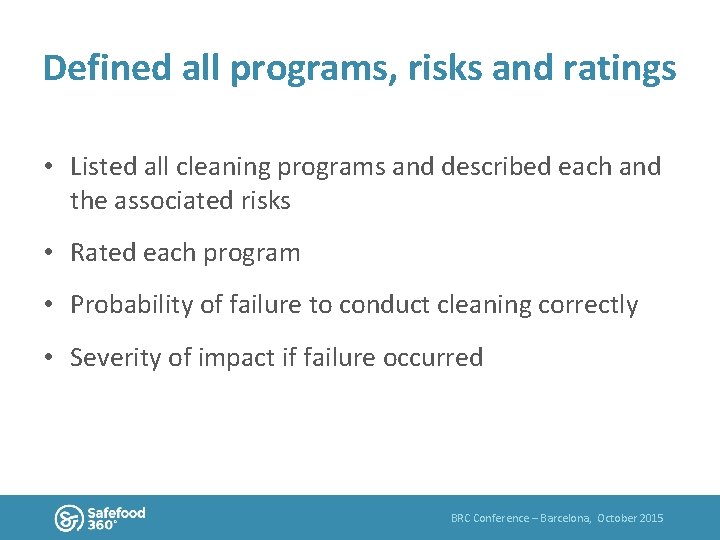 Defined all programs, risks and ratings • Listed all cleaning programs and described each