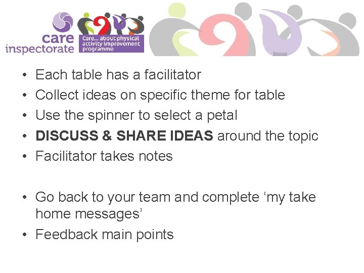 • • • Each table has a facilitator Collect ideas on specific theme