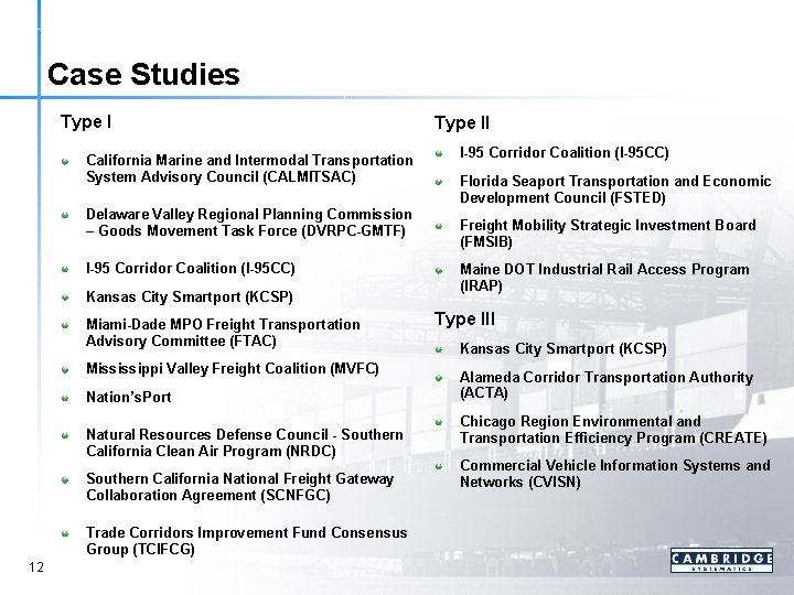 Case Studies Type I California Marine and Intermodal Transportation System Advisory Council (CALMITSAC) Delaware