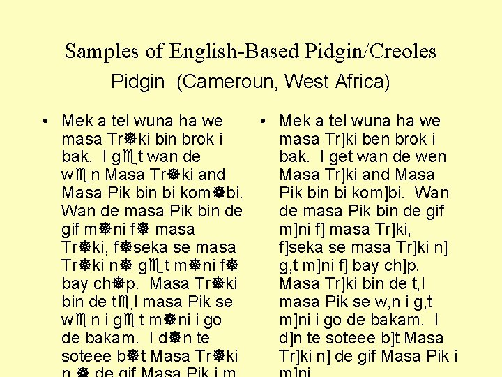 Samples of English-Based Pidgin/Creoles Pidgin (Cameroun, West Africa) • Mek a tel wuna ha