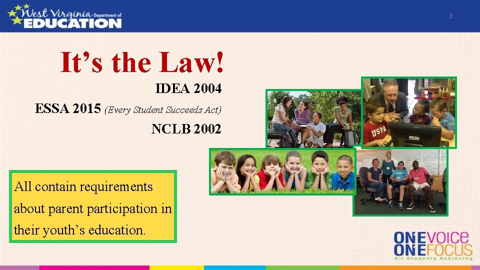 2 It’s the Law! IDEA 2004 ESSA 2015 (Every Student Succeeds Act) NCLB 2002