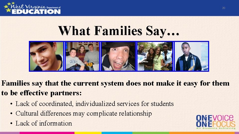 20 What Families Say… Families say that the current system does not make it
