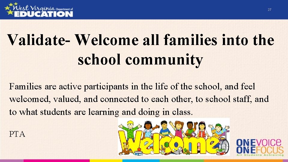 27 Validate- Welcome all families into the school community Families are active participants in
