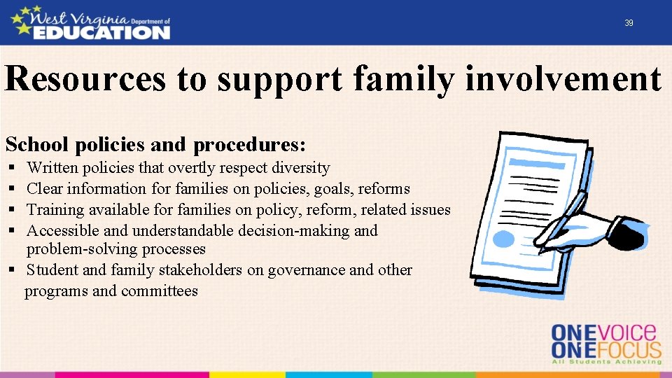 39 Resources to support family involvement School policies and procedures: § § Written policies