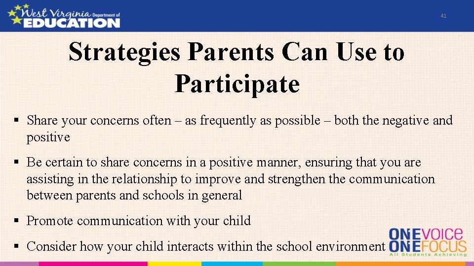 41 Strategies Parents Can Use to Participate § Share your concerns often – as