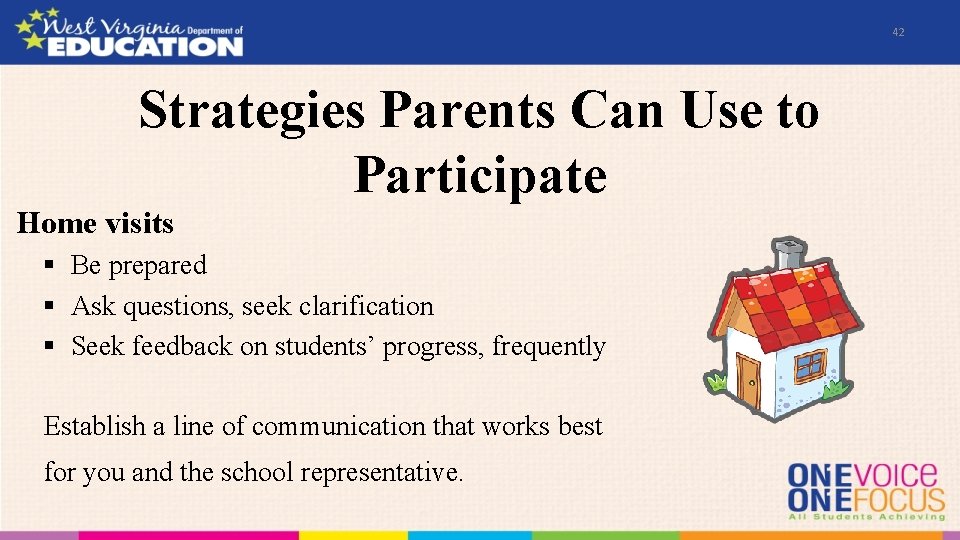42 Strategies Parents Can Use to Participate Home visits § Be prepared § Ask