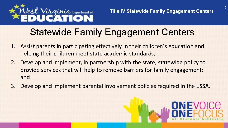 Title IV Statewide Family Engagement Centers 1. Assist parents in participating effectively in their