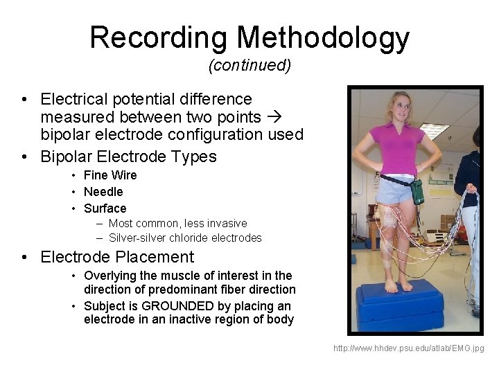 Recording Methodology (continued) • Electrical potential difference measured between two points bipolar electrode configuration