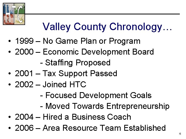 Valley County Chronology… • 1999 – No Game Plan or Program • 2000 –