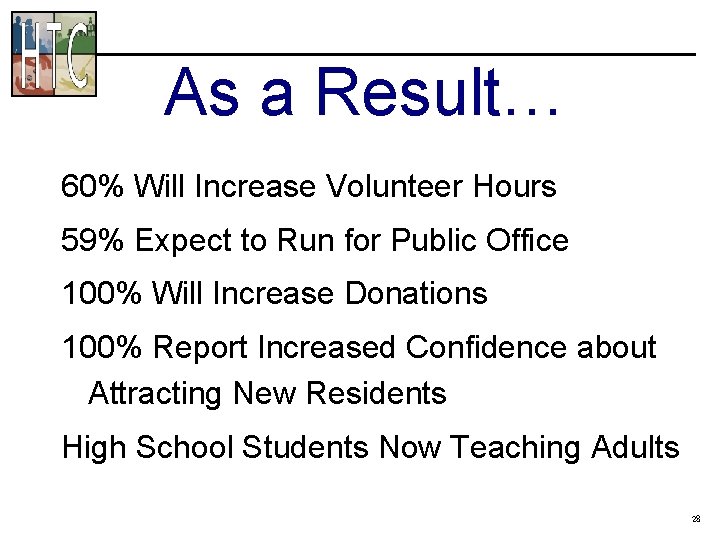 As a Result… 60% Will Increase Volunteer Hours 59% Expect to Run for Public