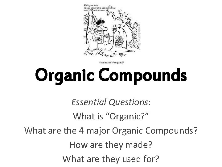 Organic Compounds Essential Questions: What is “Organic? ” What are the 4 major Organic