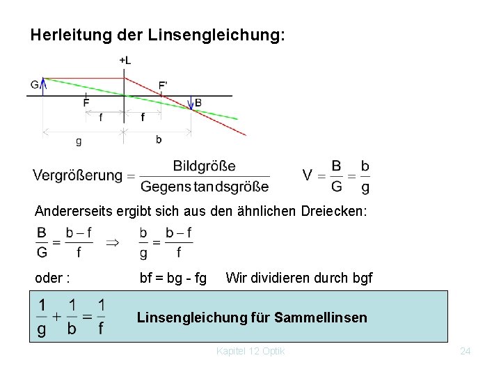 Herleitung der Linsengleichung: Andererseits ergibt sich aus den ähnlichen Dreiecken: oder : bf =