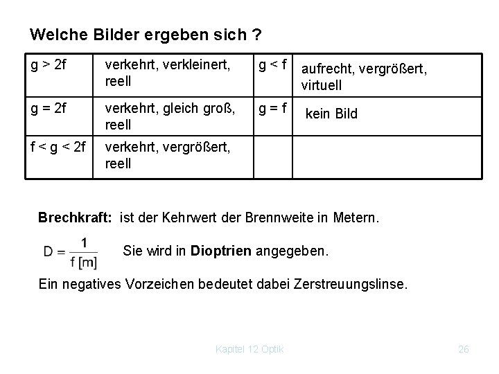 Welche Bilder ergeben sich ? g > 2 f verkehrt, verkleinert, reell g <