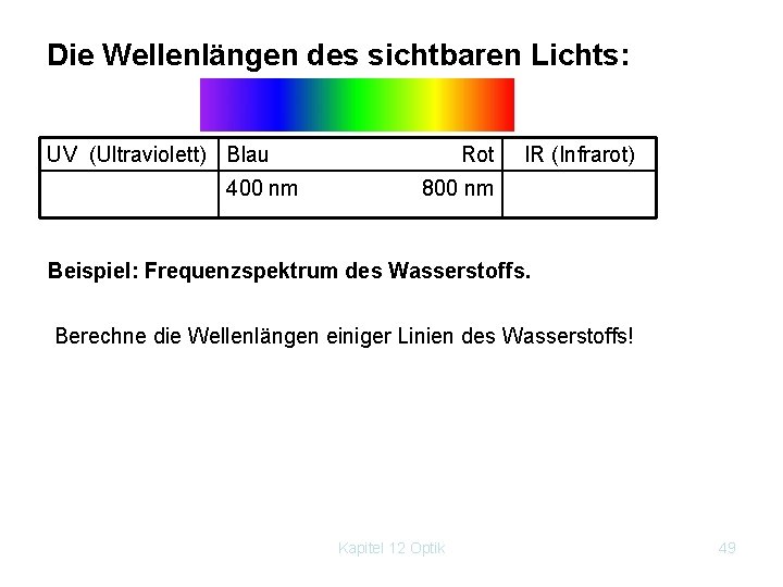 Die Wellenlängen des sichtbaren Lichts: UV (Ultraviolett) Blau 400 nm Rot IR (Infrarot) 800