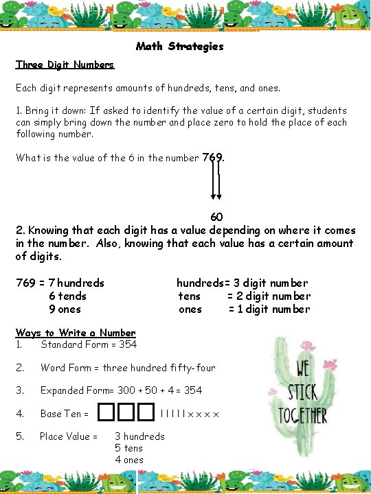 Math Strategies Three Digit Numbers Each digit represents amounts of hundreds, tens, and ones.