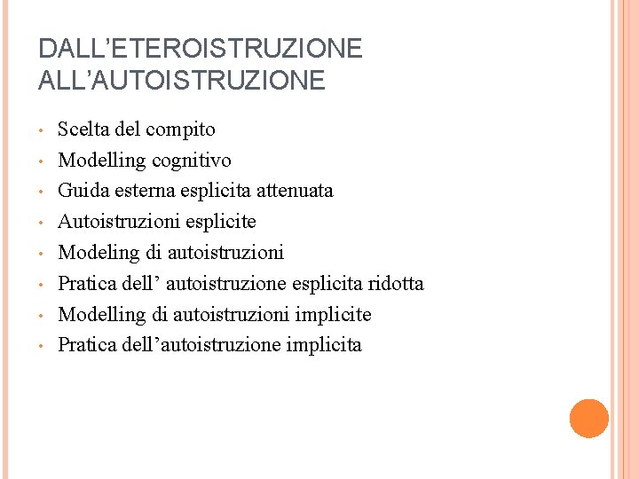 DALL’ETEROISTRUZIONE ALL’AUTOISTRUZIONE • • Scelta del compito Modelling cognitivo Guida esterna esplicita attenuata Autoistruzioni