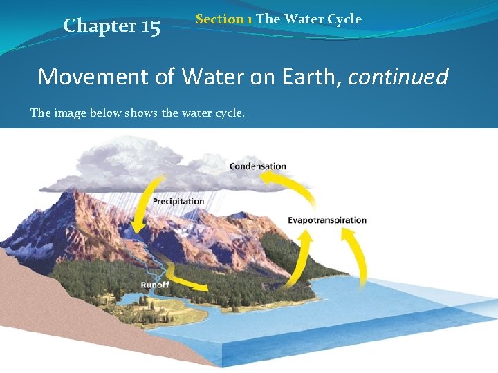 Chapter 15 Section 1 The Water Cycle Movement of Water on Earth, continued The