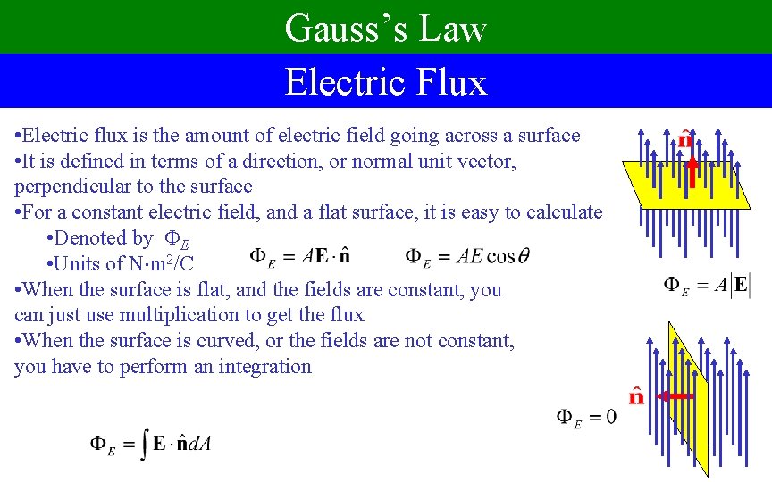 Gauss’s Law Electric Flux • Electric flux is the amount of electric field going Gauss’s Law Electric Flux • Electric flux is the amount of electric field going