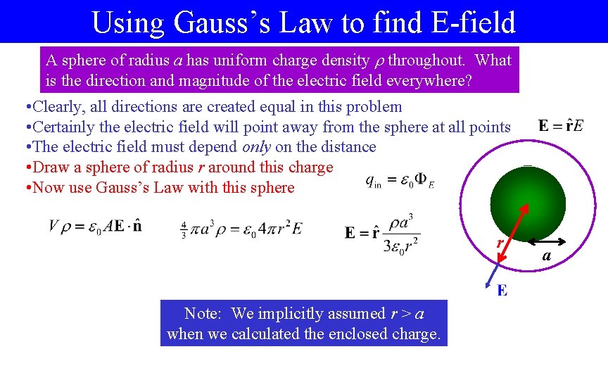 Using Gauss’s Law to find E-field A sphere of radius a has uniform charge