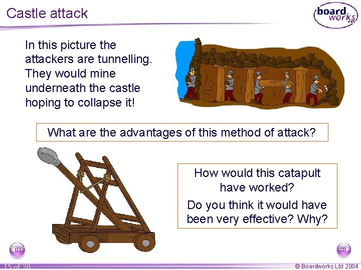 Castle attack In this picture the attackers are tunnelling. They would mine underneath the