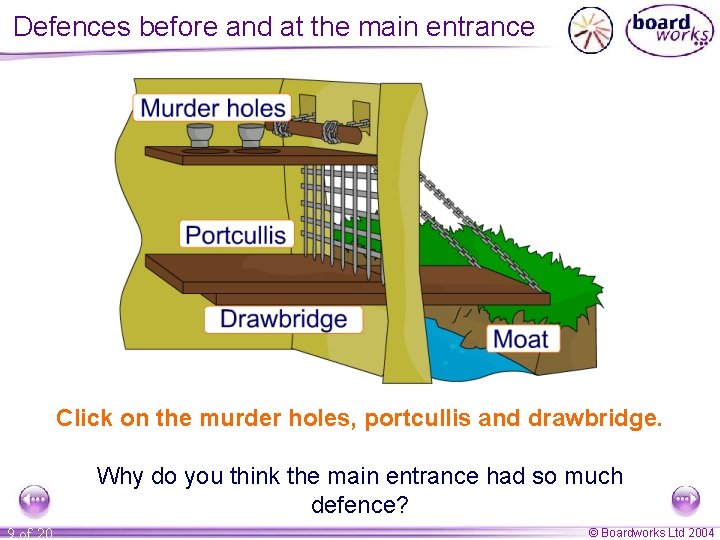Defences before and at the main entrance Click on the murder holes, portcullis and
