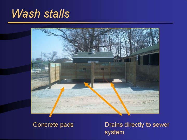 Wash stalls Concrete pads Drains directly to sewer system 