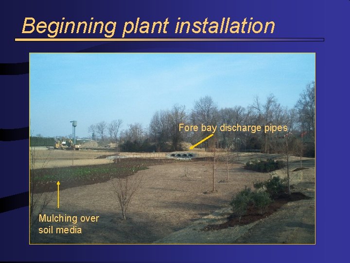 Beginning plant installation Fore bay discharge pipes Mulching over soil media 