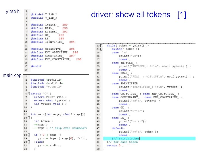 y. tab. h main. cpp driver: show all tokens [1] 