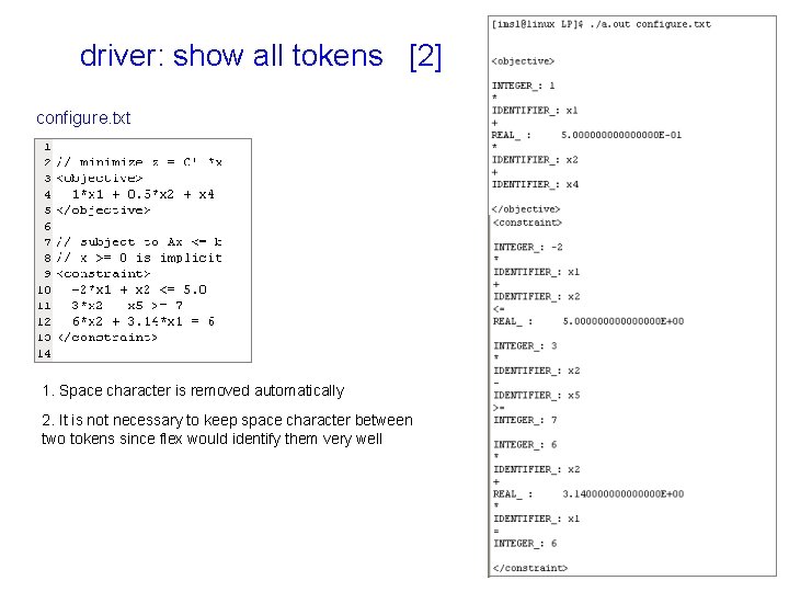 driver: show all tokens [2] configure. txt 1. Space character is removed automatically 2.