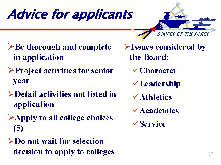 Advice for applicants SOURCE OF THE FORCE ØBe thorough and complete in application ØIssues