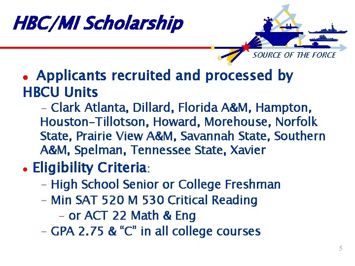 HBC/MI Scholarship SOURCE OF THE FORCE Applicants recruited and processed by HBCU Units l