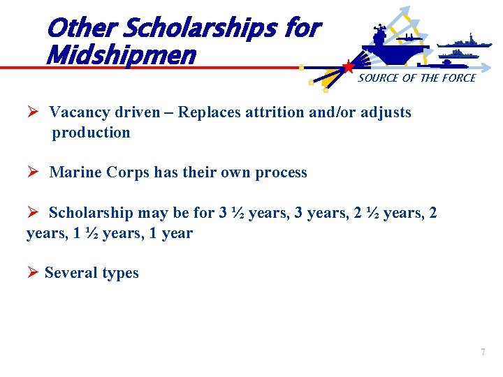 Other Scholarships for Midshipmen SOURCE OF THE FORCE Ø Vacancy driven – Replaces attrition